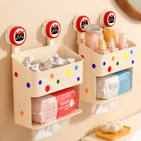 Wandmontierte Badezimmer Aufbewahrungsregal Tücherbox Saugnapf Doppelschicht Wasserdicht Punktmuster Katze Deko Organizer