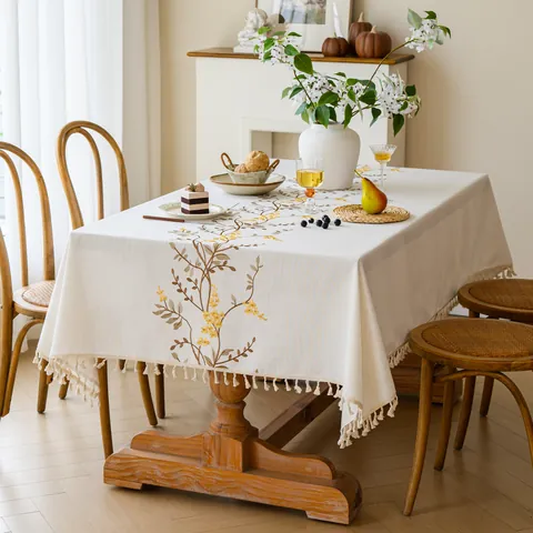 Embroidered Floral Tablecloth Polyester Fabric Tassel Edge Rectangular Desk Cover For Dining Table Coffee Table Home Kitchen Decor