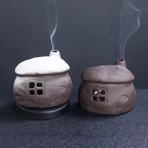 Creative Ceramic House Incense Burner European Style Fireplace Palo Santo Sage Holder Vintage Purple Clay Home Decor Ornament