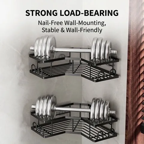 Modern Minimalist Bathroom Corner Shelf Wall Mounted Shower Caddy Storage Organizer Rack For Toilet Kitchen Organizer Black