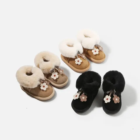 Girls Winter Snow Boots Warm Faux Fur Lined Suede Ankle Boots With Crochet Flower For Toddler Kids Shoes