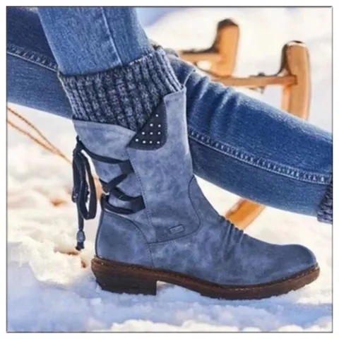 Damen Wadenhohe Schneestiefel Mit Strickbündchen Runde Zehe Flache Sohle Baumwollstoff Gummi Rutschfest Winter Outdoor Stiefel Retro Stil