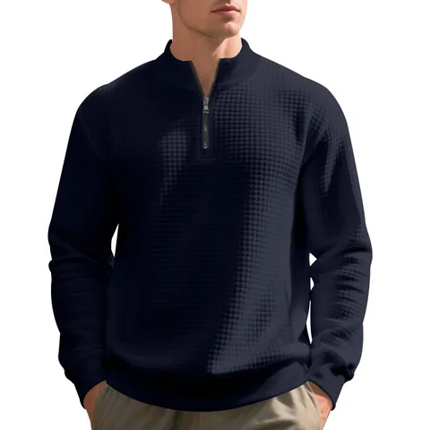 Felpa da Uomo Pesante a Nido d'Ape Stile Americano Mezza Zip Colletto Coreana Casual Pullover Largo Top Tinta Unita Manica Lunga