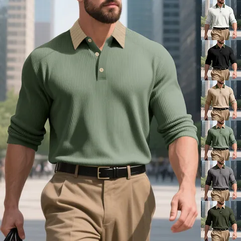 Polo à Manches Longues pour Hommes Côte Française Épaisse Revers Contrasté Décontracté Américain Golf Haut en Polyester Tricoté