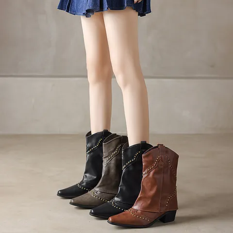 Dames Vintage Westerse Cowboy Enkellaarzen Met Klinknagels Puntige Neus Middelhoge Blokhak Herfst Winter Mode Zijrits Antislip Rijlaarzen