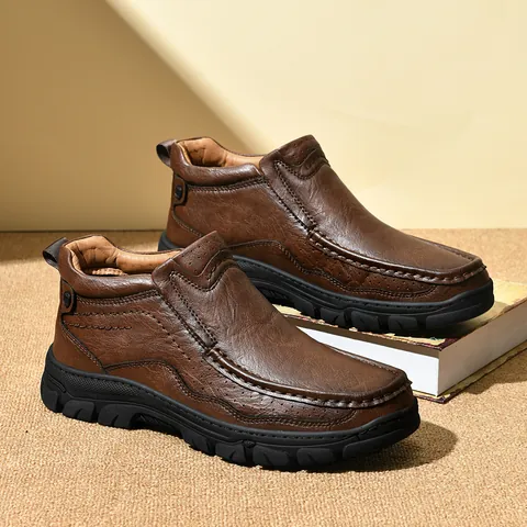 Botines Casuales de Cuero de Vaca Dividido para Hombre Otoño Invierno Suela de Caucho Antideslizante Zapatos para Hombre