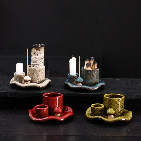 Ceramic Mushroom Candle Holder For Palo Santo Sage Burner Speckled Kiln Glaze Incense Tray Retro Zen Home Decor Aromatherapy