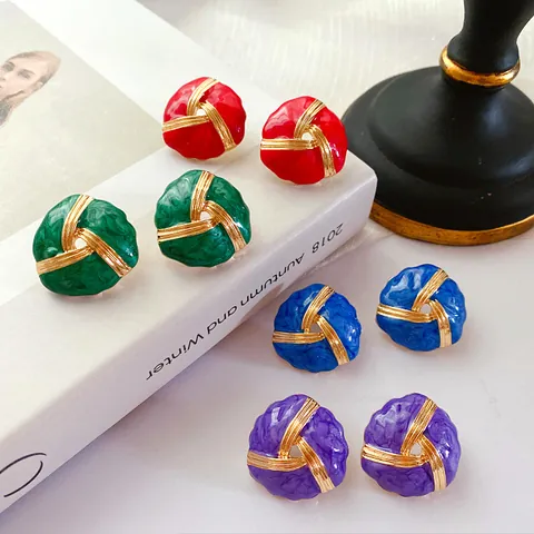 Pendientes de Botón con Nudo de Esmalte Vintage Con Poste de Plata de Ley 925 Dorado Joyería Retro Geométrica para Mujer