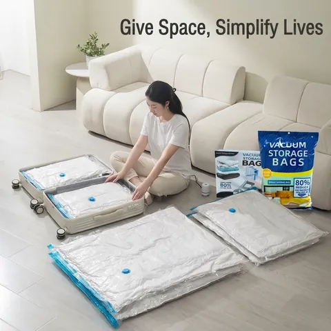 Sacs de Rangement sous Vide Gain de Place Bleu Transparent Épais Sacs de Compression PA PE pour Vêtements avec Pompe Manuelle Électrique