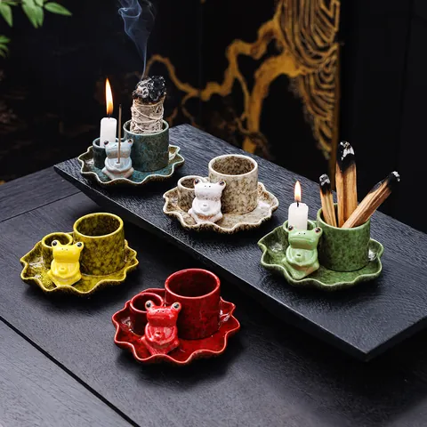 Creative Ceramic Frog Lotus Leaf Incense Burner Palo Santo Sage Holder Tray Zen Home Decor reactive Glaze Incense Stick Stand