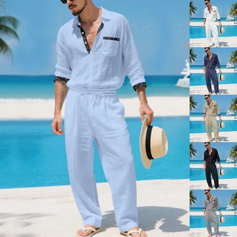 Heren Casual Linnenmix Top En Broek Set Old Money Stijl Shirt Met Lange Mouwen En Broek Ademend Resort Vakantie Outfit