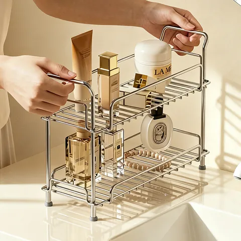 304 Stainless Steel Bathroom Organizer Shelf Countertop Double Layer Storage Rack For Makeup Cosmetics Toiletries Modern Minimalist Decor