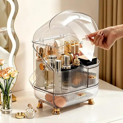 Große Kapazität Kosmetik Aufbewahrungsbox Staubdicht Desktop Makeup Organizer Acryl Hautpflege Koffer Tragbar Griff Damen