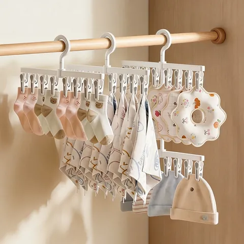 Baby Clothes Drying Rack Multi-Clip Sock Hanger Plastic Laundry Rack For Baby Socks Hats Bibs Windproof Rotating Hook Nursery Storage