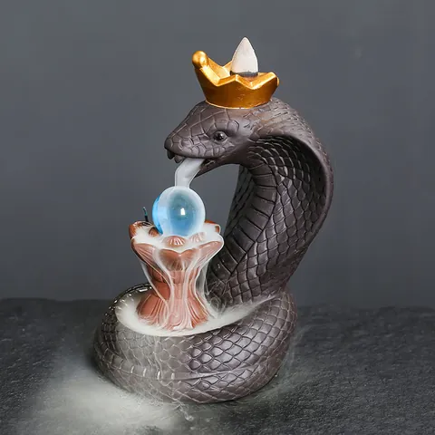 Creative Purple Sand Cobra Snake Backflow Incense Burner With Golden Crown Ganesha Buddha Statue Zen Home Aromatherapy Decor Ornament