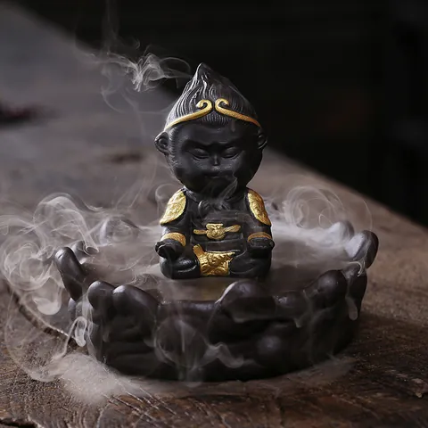 Zen Sun Wukong Backflow Incense Burner Purple Sand Ceramic Lotus Windproof Glass Cover Ornament Classical Home Decor
