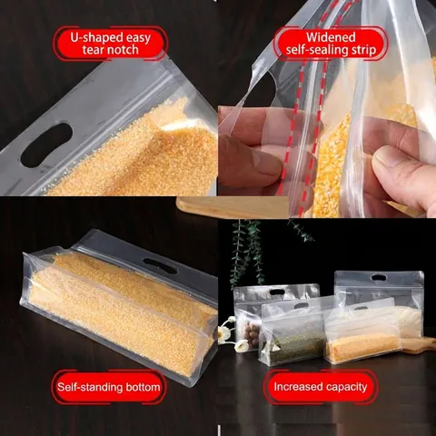 Thickened Transparent Stand Up Food Storage Bag With Handle Eight Side Sealed Zipper Pouch For Grains Nuts Portable Packaging