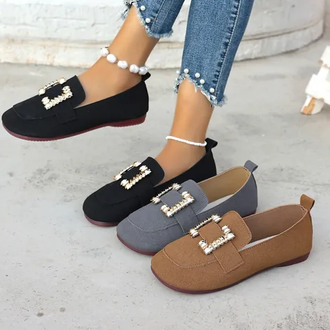 Damen Eckige Zehe Denim Slip On Flache Schuhe Lässig Atmungsaktiv Strass Schnalle Loafer Komfort Leichte Tägliche Büroschuhe