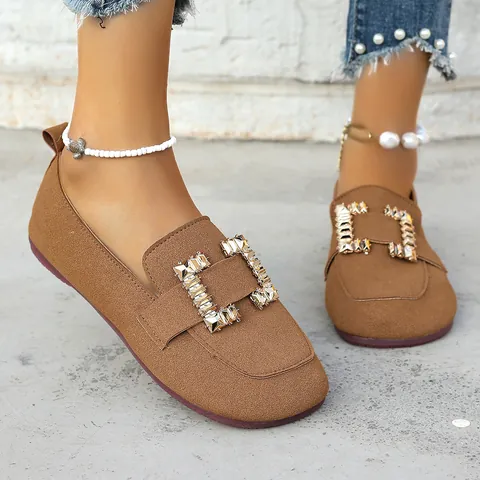 Damen Eckige Zehe Denim Slip On Flache Schuhe Lässig Atmungsaktiv Strass Schnalle Loafer Komfort Leichte Tägliche Büroschuhe