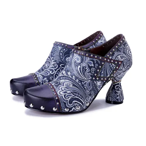 Dames Schapenvacht Hoge Hakken Retro Paisley Print Klinknagels Wijnglashak Ronde Neus Pumps Dagelijks Feest Mode Schoenen