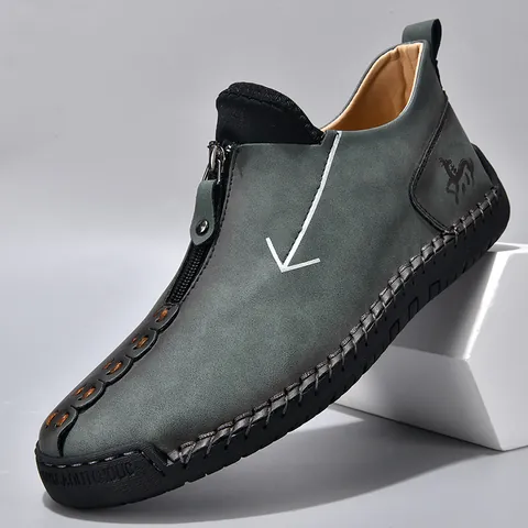 Herren Retro Casual PU-Leder Martin Stiefel Handgenäht Reißverschluss Stiefeletten Outdoor Mode Rutschfeste Gummisohle Große Größe Schuhe