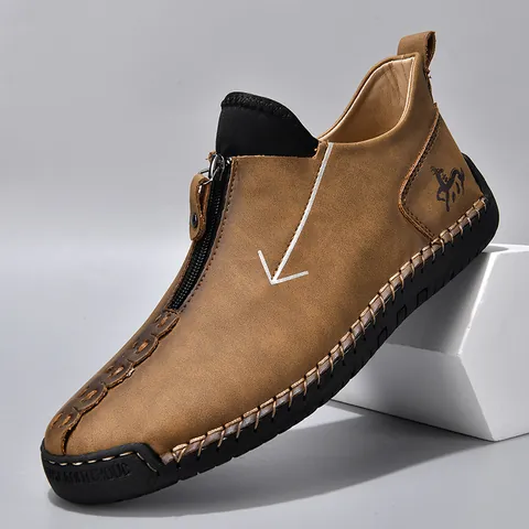 Herren Retro Casual PU-Leder Martin Stiefel Handgenäht Reißverschluss Stiefeletten Outdoor Mode Rutschfeste Gummisohle Große Größe Schuhe
