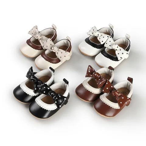 Sweet Baby Girls Princess Walker Shoes Polka Dot Bow Soft PU Leather Anti-Slip Rubber Sole Mary Jane First Walkers For Infants Newborns