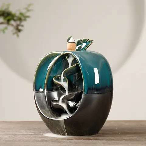Ceramic Backflow Incense Burner Apple Shape Decor Zen Waterfall Smoke Incense Holder Kiln Transformation Glaze Ornament