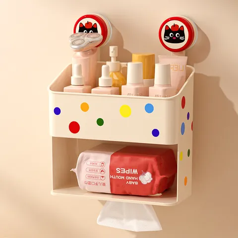 Wandmontierte Badezimmer Aufbewahrungsregal Tücherbox Saugnapf Doppelschicht Wasserdicht Punktmuster Katze Deko Organizer