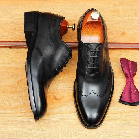 Men Oxford Brogue Shoes Hand Patina First Layer Cowhide Wingtip Carved Formal Business Wedding Dress Shoes Vintage British Leather Shoes
