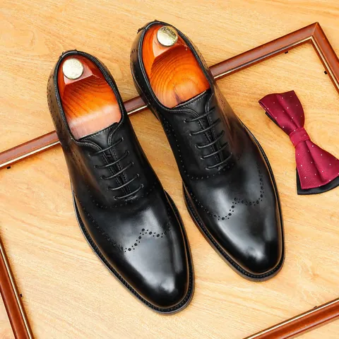 Men Oxford Brogue Shoes Hand Patina First Layer Cowhide Wingtip Carved Formal Business Wedding Dress Shoes Vintage British Leather Shoes