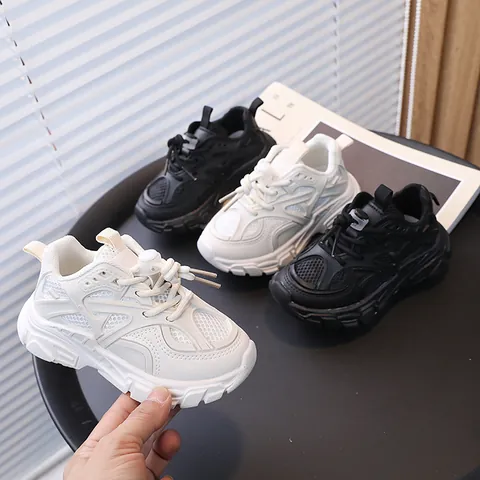 Kids Fashion Sneakers Breathable Mesh Soft Sole Children White Shoes For Boys Girls Casual School Sport Daddy Shoes Lightweight PU Rubber Chunky Sneakers