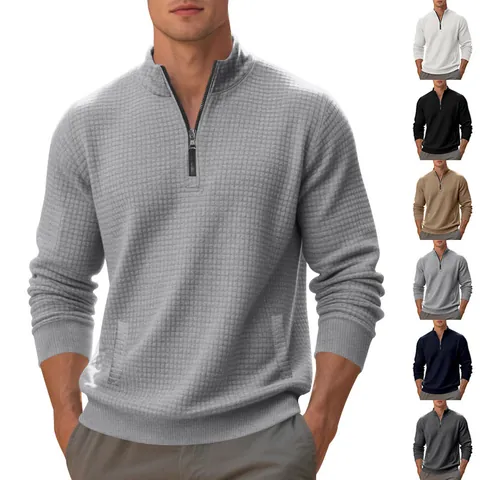 Felpa da Uomo Pesante a Nido d'Ape Stile Americano Mezza Zip Colletto Coreana Casual Pullover Largo Top Tinta Unita Manica Lunga