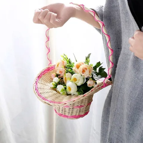 Handmade Natural Rattan Woven Flower Basket Handheld Picnic Basket With Pink Trim For Flower Arrangement Home Decor