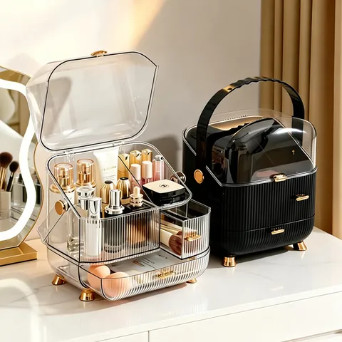 Große Kapazität Kosmetik Aufbewahrungsbox Staubdicht Desktop Makeup Organizer Acryl Hautpflege Koffer Tragbar Griff Damen