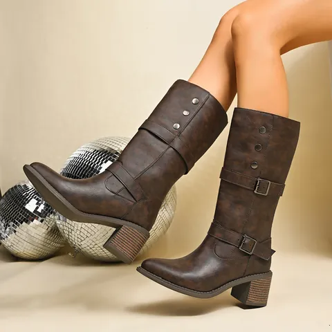 Retro Vintage Blokhak Halflange Laarzen Voor Dames Kunstleer Gespband Klinknagel Decor Herfst Winter Mode Schoenen