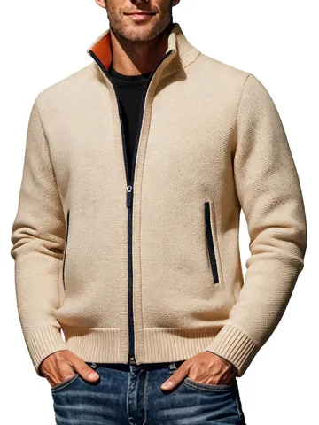 Cárdigan de Manga Larga con Cuello Alto y Cremallera para Hombre Suéter Forrado de Felpa Punto Grueso Invierno Cálido