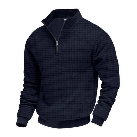 Felpa da Uomo con Mezza Zip e Trama a Nido d'Ape Collo in Piedi Manica Lunga Pullover Largo Casual per Autunno Inverno