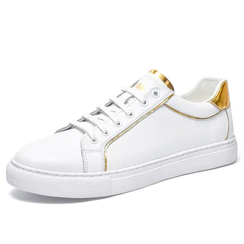 Zapatos de Tabla de Cuero de Vaca para Hombre Zapatillas Casuales de Moda de Caña Baja Bloque de Color de Contraste Dorado Transpirables con Cordones Zapatos Planos