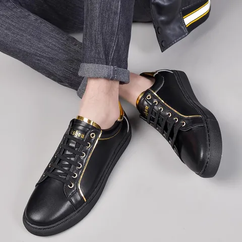 Zapatos de Tabla de Cuero de Vaca para Hombre Zapatillas Casuales de Moda de Caña Baja Bloque de Color de Contraste Dorado Transpirables con Cordones Zapatos Planos