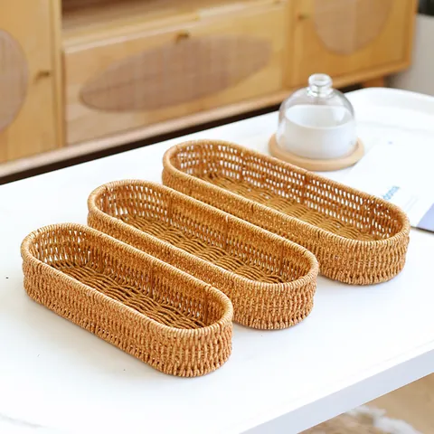 Woven Imitation Rattan Storage Basket Oval Plastic Cutlery Tray For Kitchen Knife Fork Spoon Drainage Tableware Hotel Restaurant Desktop Storage Bin