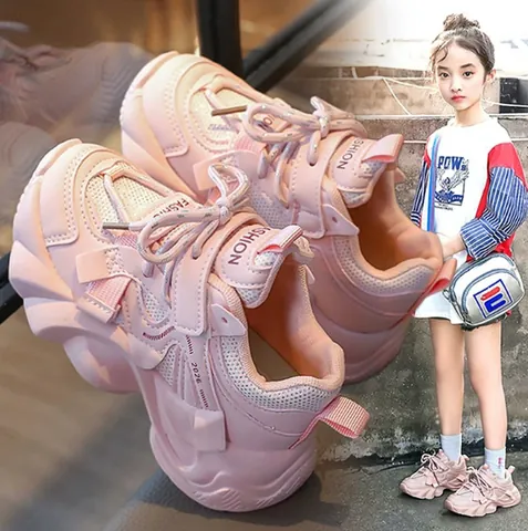 Girls Fashion Sports Sneakers New Spring Breathable Mesh Thick Sole Daddy Shoes For Kids Running Casual Shoes