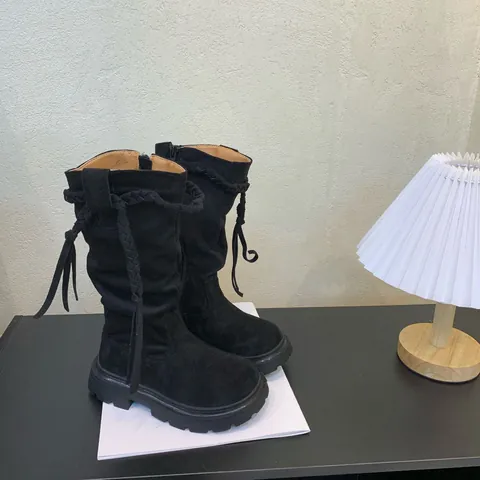 Girls Vintage British Style Tall Boots Cow Suede Tassel Western Boots Non-Slip Fashion Side Zipper Long Boots For Autumn Winter