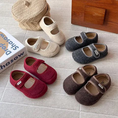 Girls French Retro Felt Mary Jane Shoes Korean Style Soft Sole Princess Flat Shoes For Autumn Spring Kids Fashion Casual Shoes