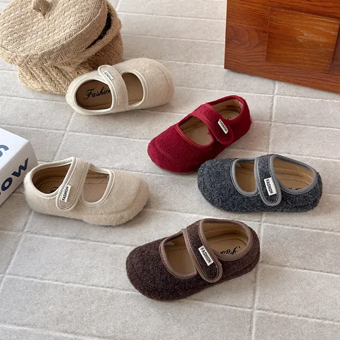 Girls French Retro Felt Mary Jane Shoes Korean Style Soft Sole Princess Flat Shoes For Autumn Spring Kids Fashion Casual Shoes