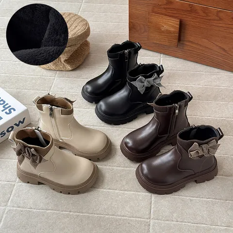 Bottines Martin pour Filles Style Français Nœud Pied-de-poule Doublure Polaire Bottes Courtes Fermeture Éclair Latérale Chaudes Chaussures d'Hiver Enfant