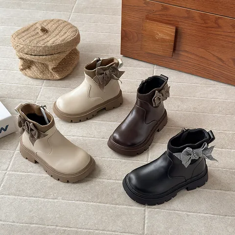Bottines Martin pour Filles Style Français Nœud Pied-de-poule Doublure Polaire Bottes Courtes Fermeture Éclair Latérale Chaudes Chaussures d'Hiver Enfant