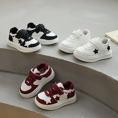 Kids Star Patch Board Shoes Casual Non-slip Velcro Sneakers For Boys Girls Spring PU Leather Rubber Sole