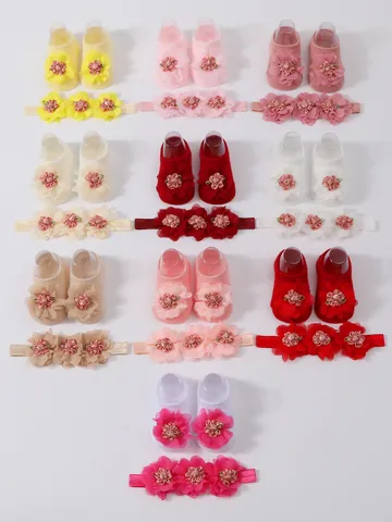 Conjunto de Calcetines de Suelo y Diadema para Bebé Niña Flores de Malla 3D Jacquard Calcetines Antideslizantes Accesorios para Pelo 0-1 Año