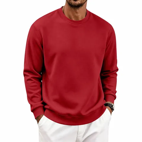 Men's Heavyweight Fleece Lined Round Neck Sweatshirt Oversized Solid Color Long Sleeve Pullover Top For Autumn Winter